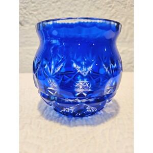 Vintage Bohemian cobalt blue cut-to-clear crystal glass votive holder